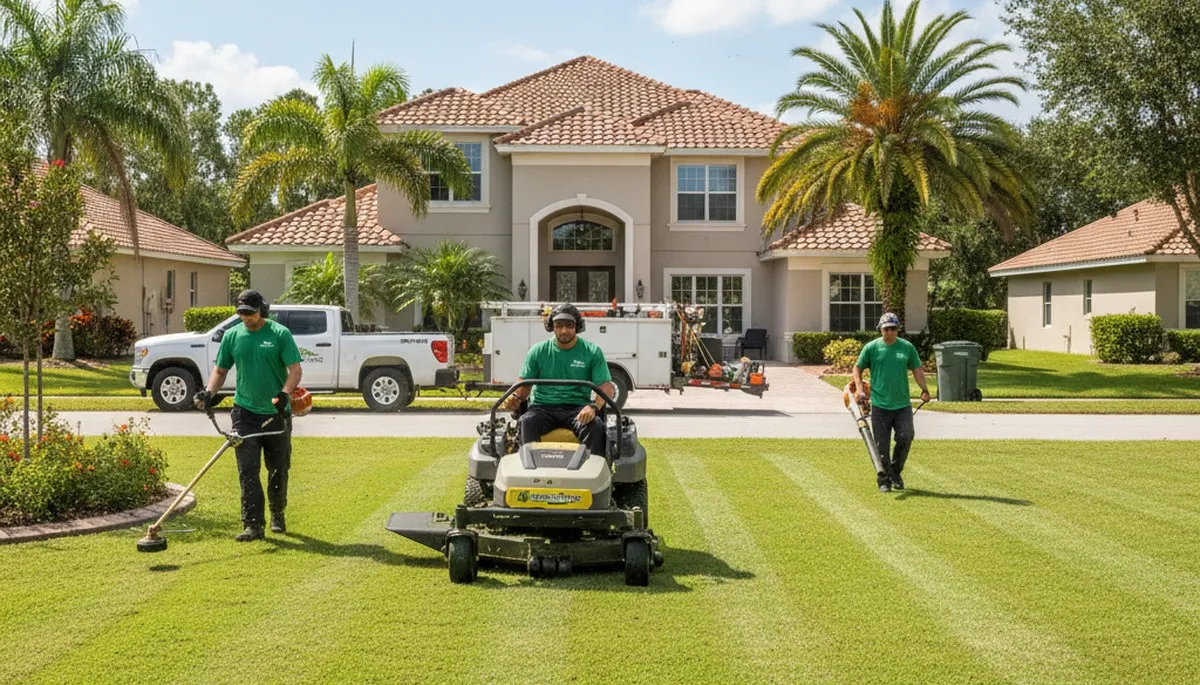 Professional lawn care crew mowing and edging a residential yard in Kissimmee, FL