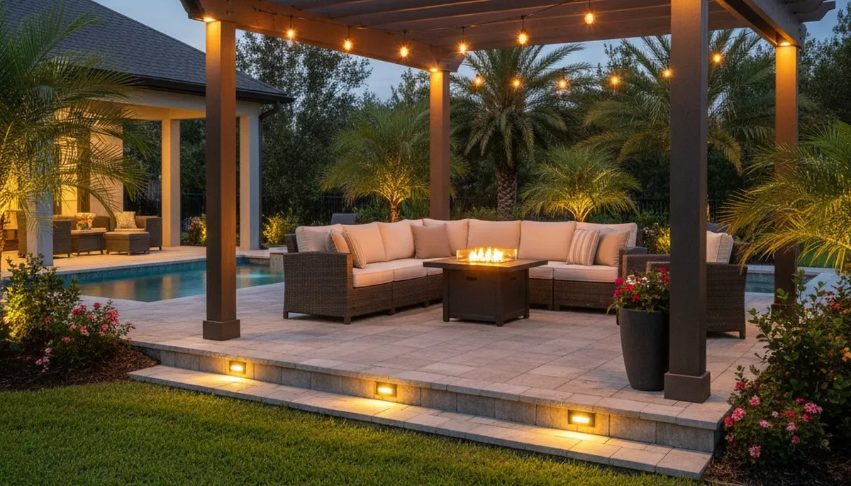 Illuminated deck and patio lighting design with post and step lights by landscapers in Kissimmee, FL
