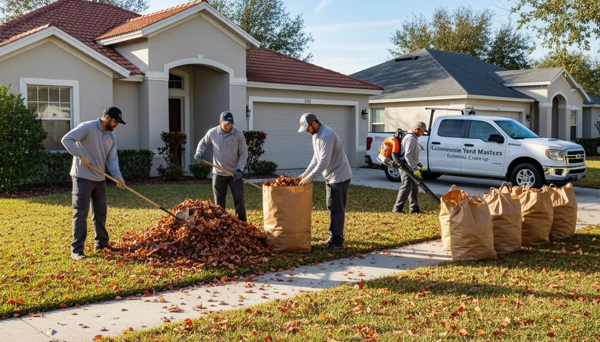 Technicians performing fall leaf removal and yard cleanup at a residential property in Kissimmee, FL