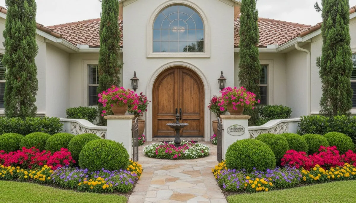 Front yard landscape design with colorful plants and shrubs by Chop Chop Landscaping in Kissimmee, FL