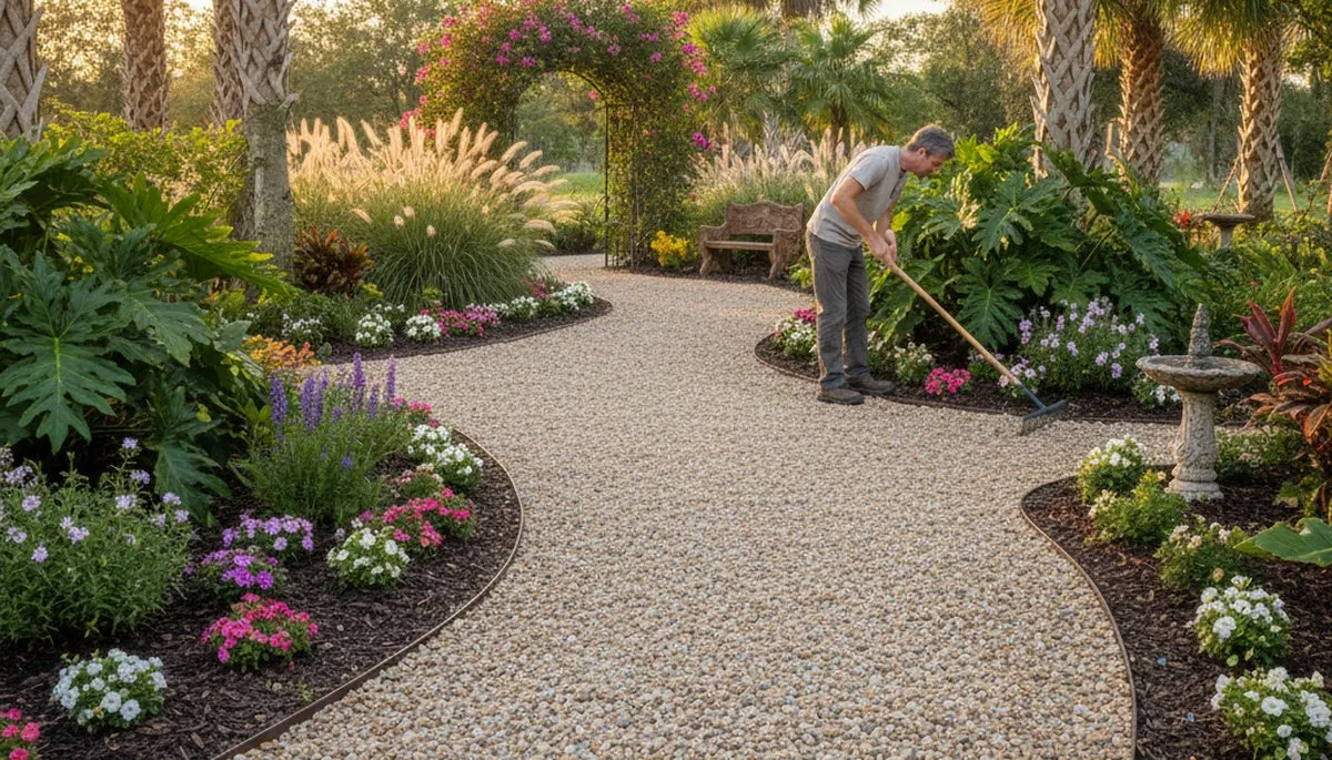 Pea gravel garden path with lush plants in Kissimmee FL by Chop Chop Landscaping