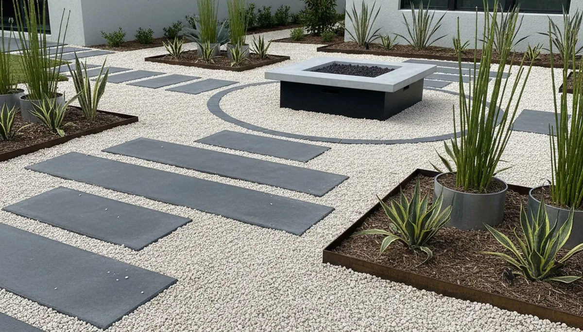 Modern minimalist pea gravel landscape with geometric design in Kissimmee, FL by Chop Chop Landscaping