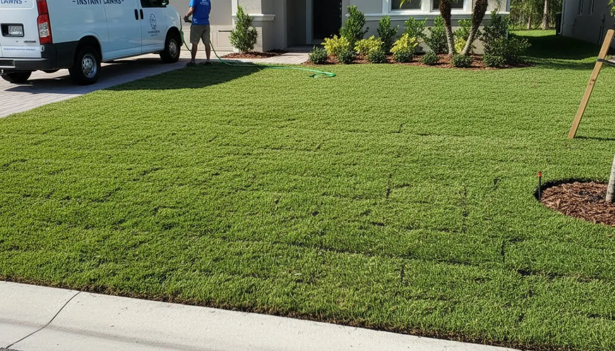 Freshly installed green sod lawn showing instant transformation in Kissimmee, FL landscaping project