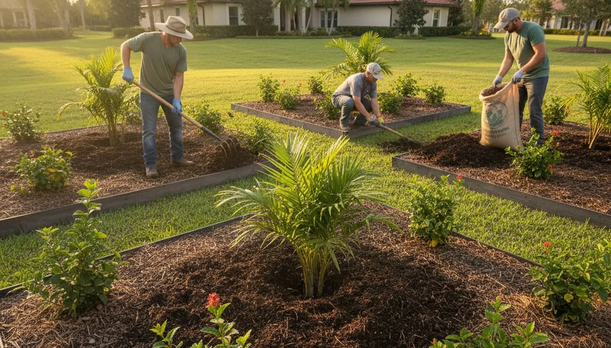 Applying compost and organic fertilizer to garden beds for sustainable landscaping in Kissimmee, FL