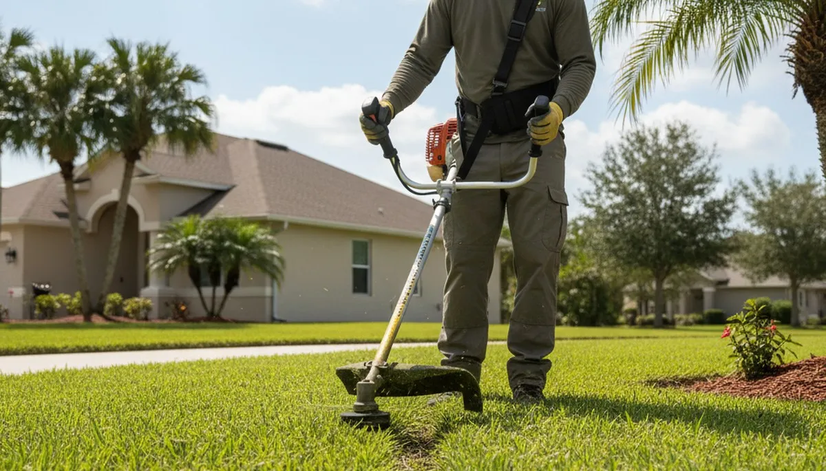 Technician edging lawn with string trimmer in Kissimmee FL for clean, professional landscaping finish