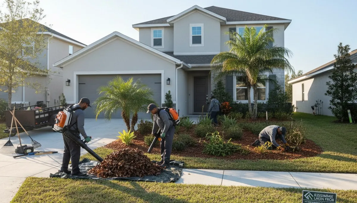 Technician using leaf blower for debris removal on Kissimmee FL lawn by Chop Chop Landscaping