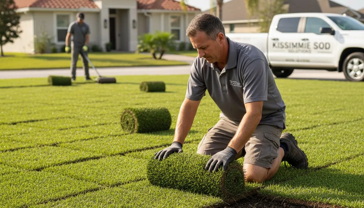 Professional landscaper installing sod rolls with staggered seams in Kissimmee, FL lawn