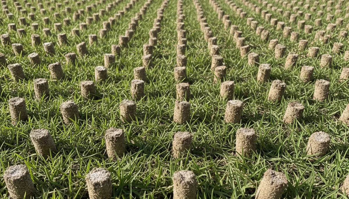Close-up of soil core plugs from professional lawn aeration in Kissimmee, FL by Chop Chop Landscaping