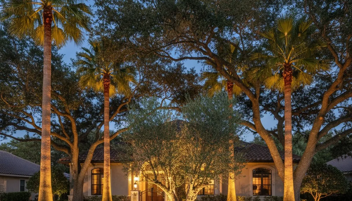 Tree uplighting by Chop Chop Landscaping in Kissimmee, FL highlighting night landscape design